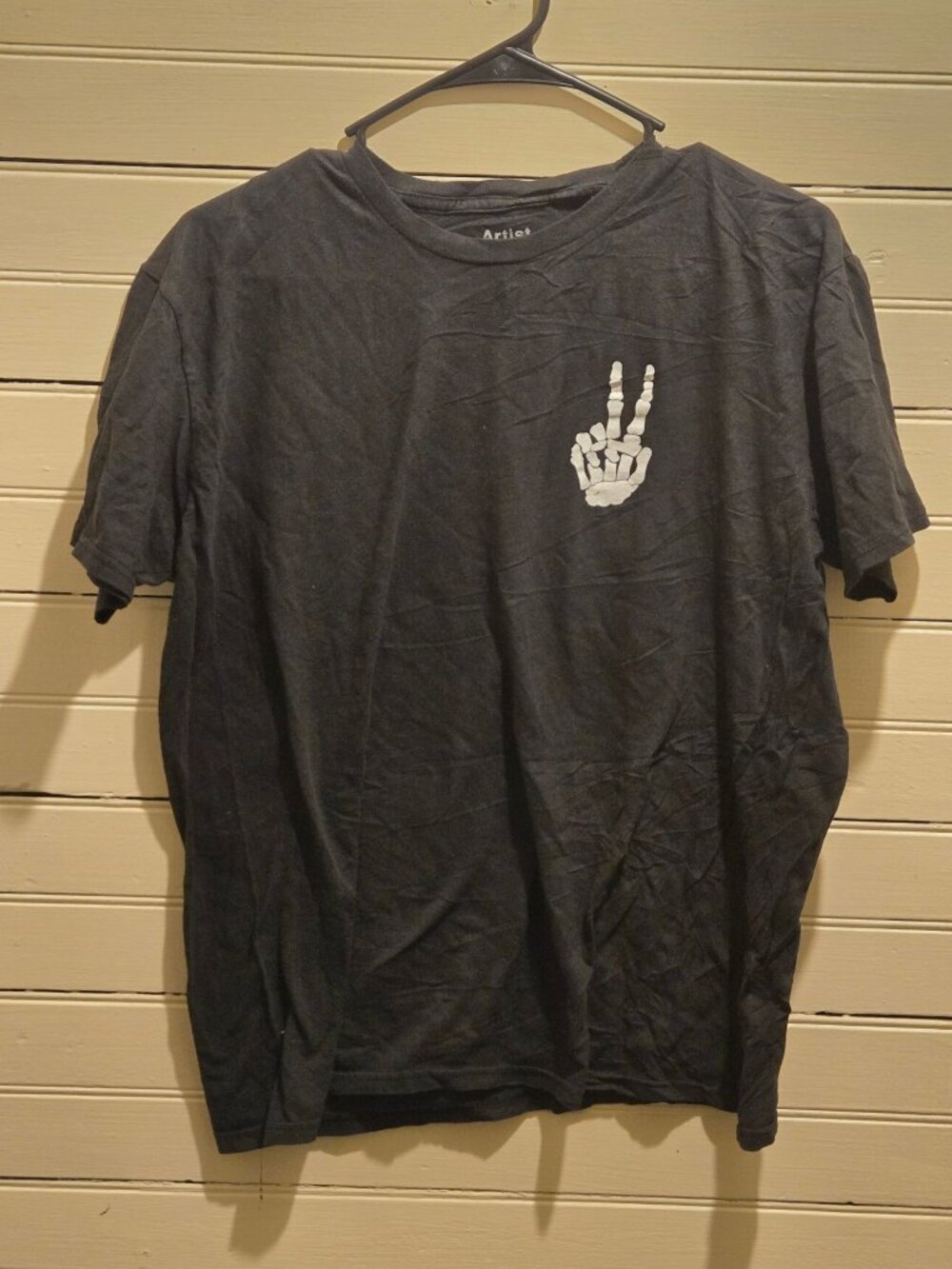 Artist Union T-Shirt Mens L Black Short Sleeve Skeleton Peace Sign Logo Cotton